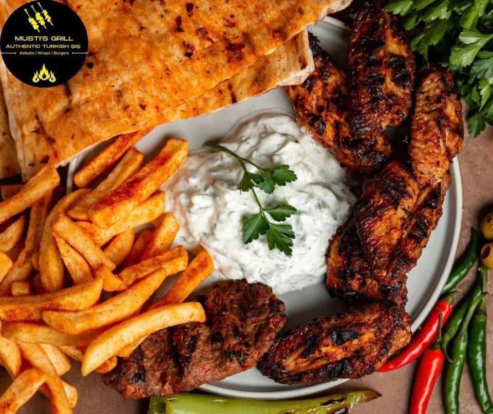 Kebab platter with chips and tzatziki