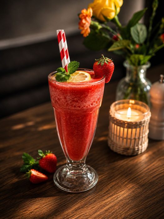Frozen strawberry drink garnished with strawberries, lemon and mint at Musti's Grill & Bistro